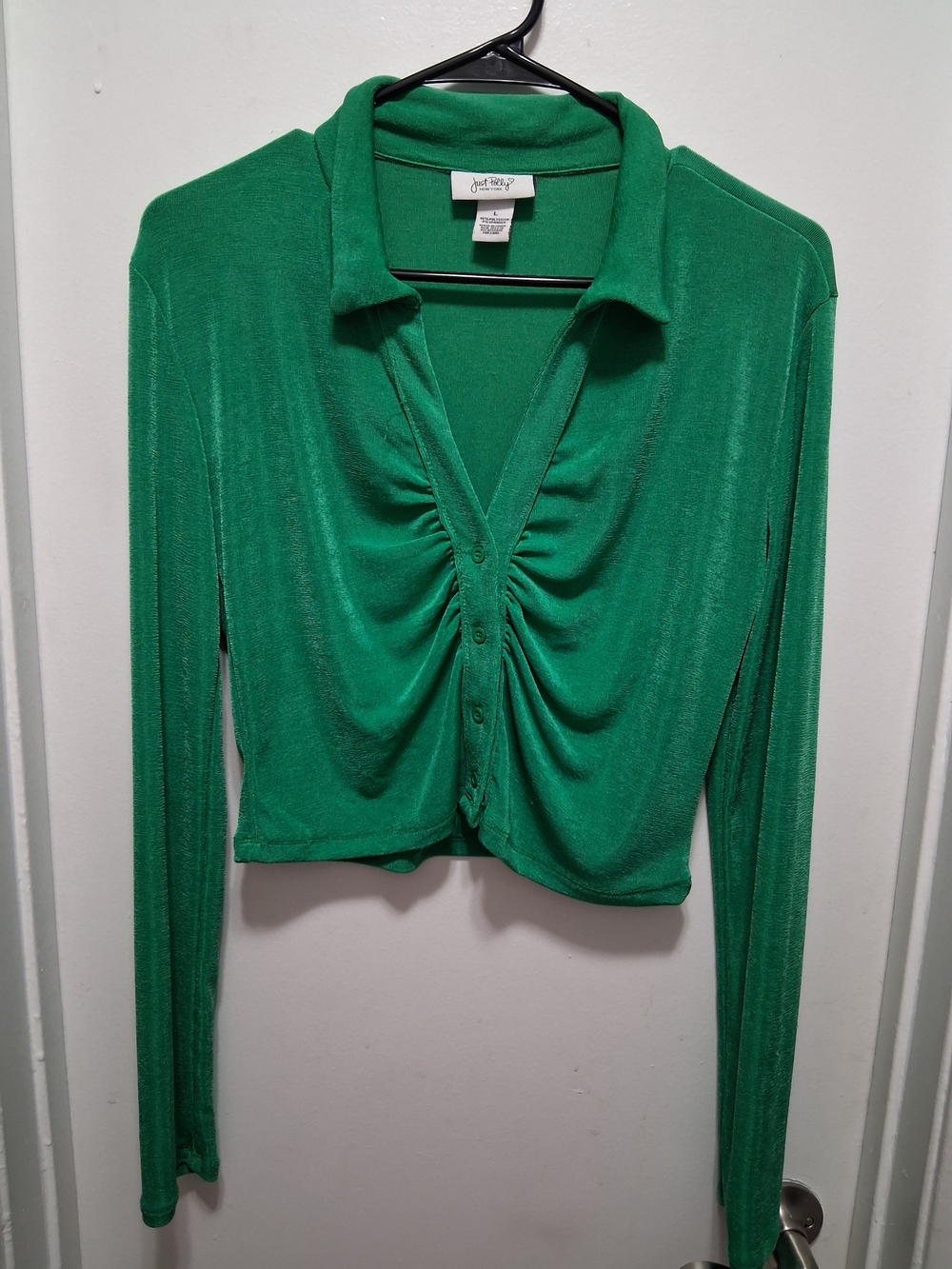 Justify Green Ruched Button-Front Long Sleeve Top